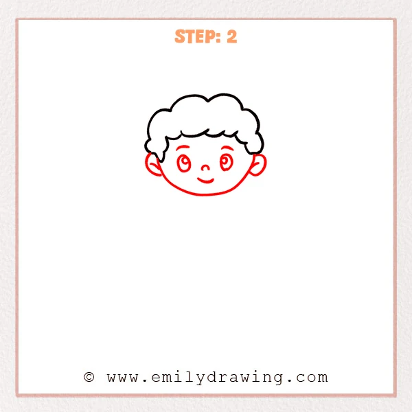 how to draw a cartoon man - Cartoon man head with fluffy hair, rounded face outline, ears, big eyes, small nose, and a gentle smiling mouth.